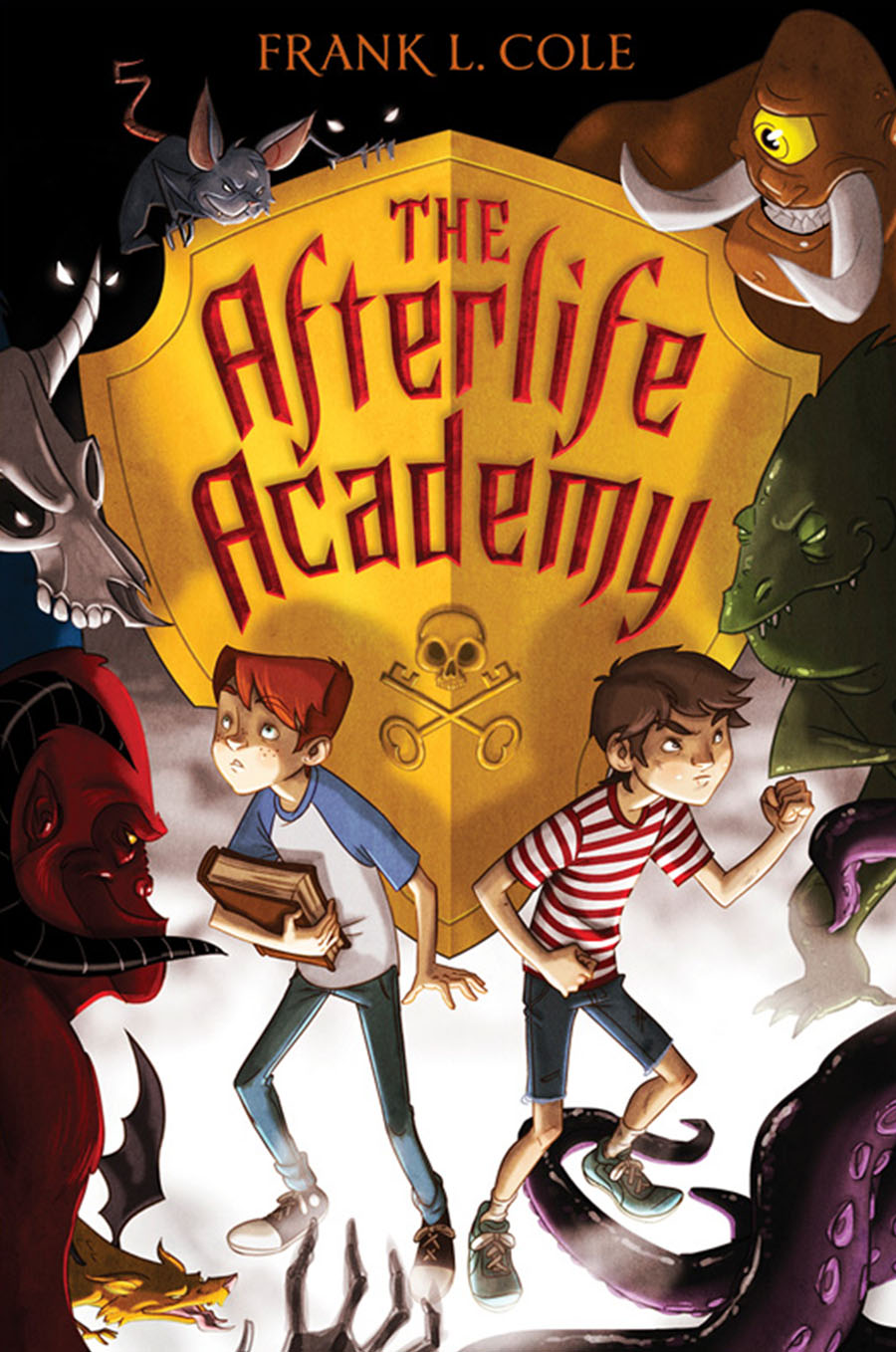 Cover the The Afterlife Academy; two boys standing in front of a yellow heraldric shield with the title on it.